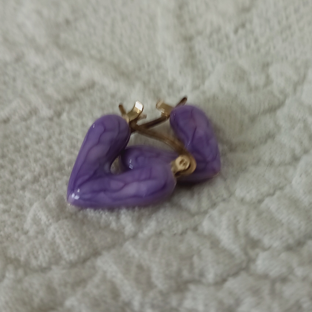 Purple Enamel Heart Hoop Earrings Cute Small Artsy Colorful Love Fun Gold Petite - Picture 5 of 7